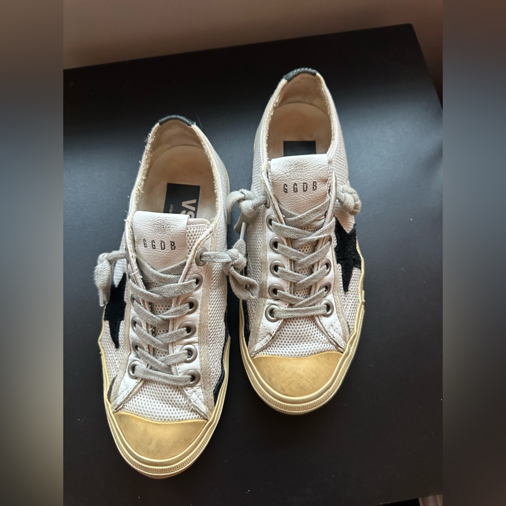 Authentic Golden Goose V-Star 2 Sneakers, Cream with Black Star